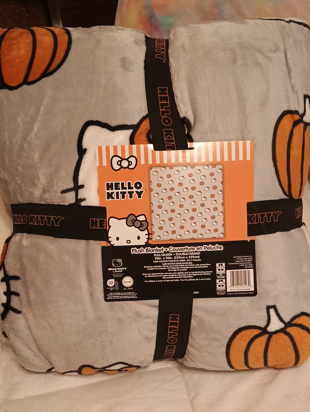 NWT Sanrio Hello Kitty Halloween Fall White Grey Pumpkin Full Queen Plush